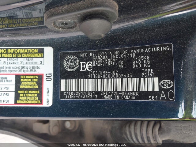 2T1BURHE0JC097435 Toyota COROLLA LE