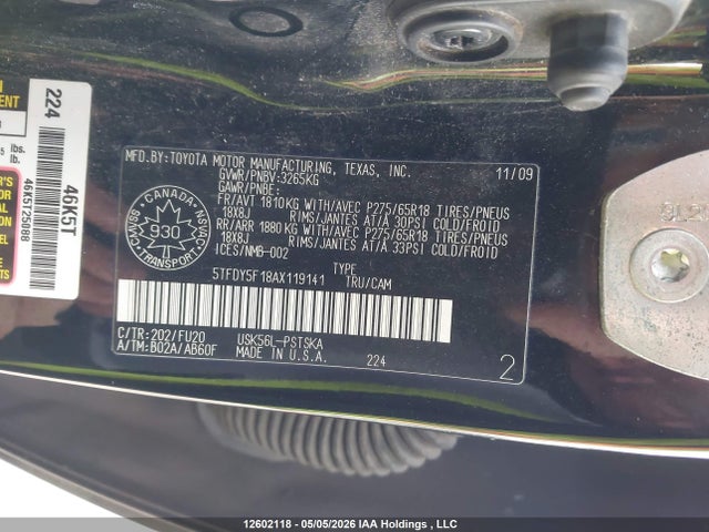 12602118 :رقم المزاد ، 5TFDY5F18AX119141 vin ، 2010 Toyota Tundra Sr5 5.7l V8 مزاد بيع