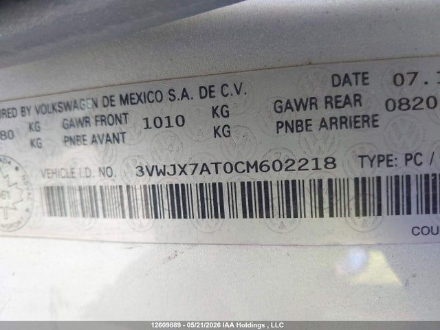Aukcja sprzedaży 2012 Volkswagen Beetle, vin: 3VWJX7AT0CM602218, numer aukcji: 12609889