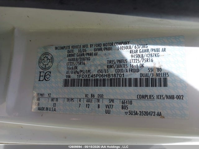 Продажа на аукционе авто 2006 Ford Econoline E450 Super Duty Cutwy Van, vin: 1FDXE45P06HB18701, номер лота: 12609894