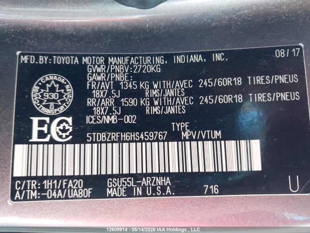 5TDBZRFH6HS459767 Toyota Highlander Le/le Plus
