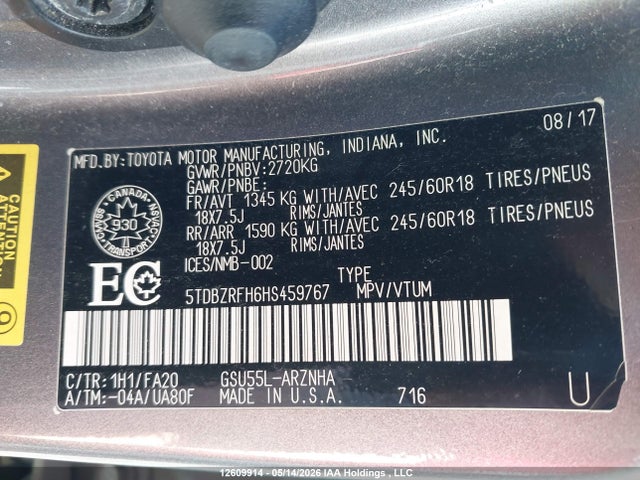 5TDBZRFH6HS459767 Toyota Highlander Le/le Plus