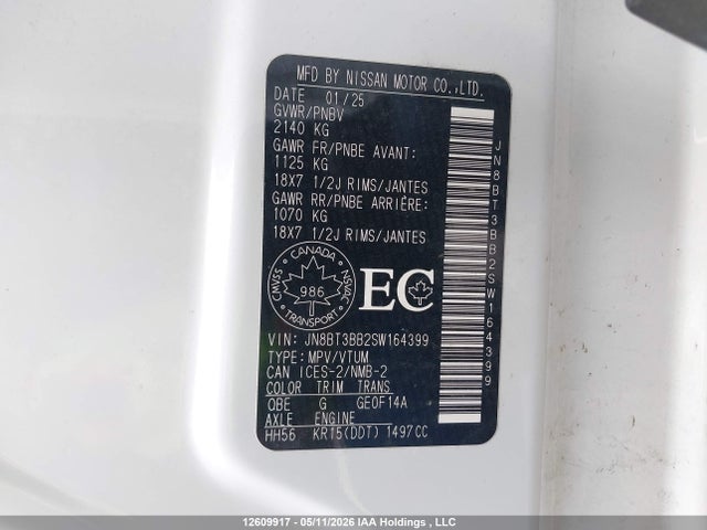 12609917 :رقم المزاد ، JN8BT3BB2SW164399 vin ، 2025 Nissan Rogue Sv/rock Creek مزاد بيع
