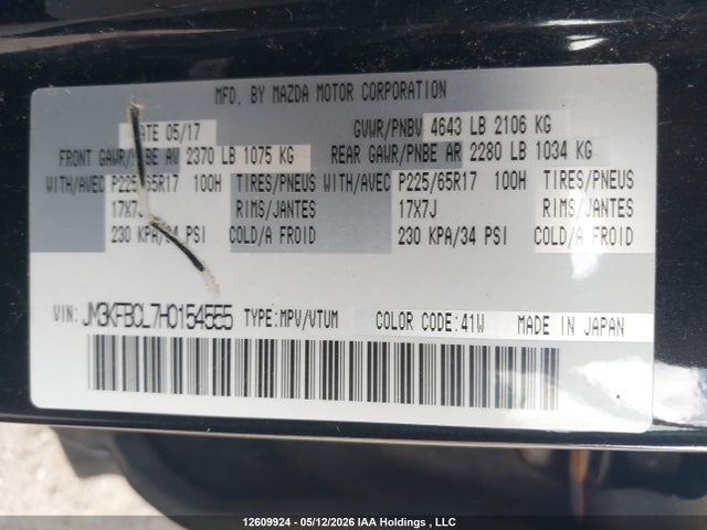Продажа на аукционе авто 2017 Mazda Cx-5 Touring, vin: JM3KFBCL7H0154555, номер лота: 12609924
