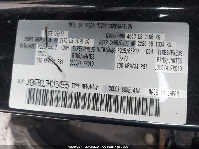 Продажа на аукционе авто 2017 Mazda Cx-5 Touring, vin: JM3KFBCL7H0154555, номер лота: 12609924