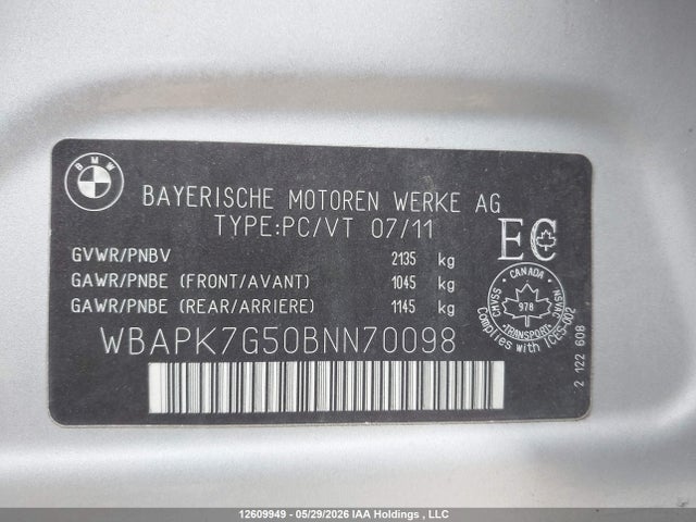 Продаж на аукціоні авто 2011 Bmw 3 Series, vin: WBAPK7G50BNN70098, номер лоту: 12609949