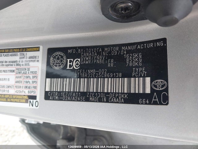 12609959 :رقم المزاد ، 2T1BR32E25C869138 vin ، 2005 Toyota Corolla مزاد بيع