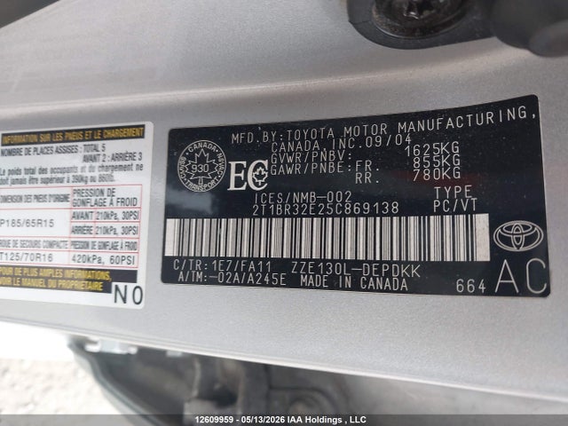 12609959 :رقم المزاد ، 2T1BR32E25C869138 vin ، 2005 Toyota Corolla مزاد بيع