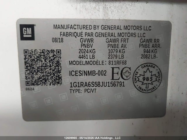 1G1RA6S58JU156791 Chevrolet Volt