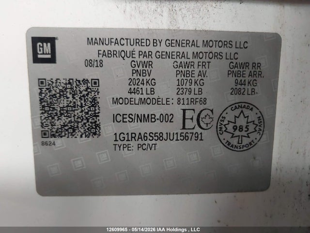 1G1RA6S58JU156791 Chevrolet Volt