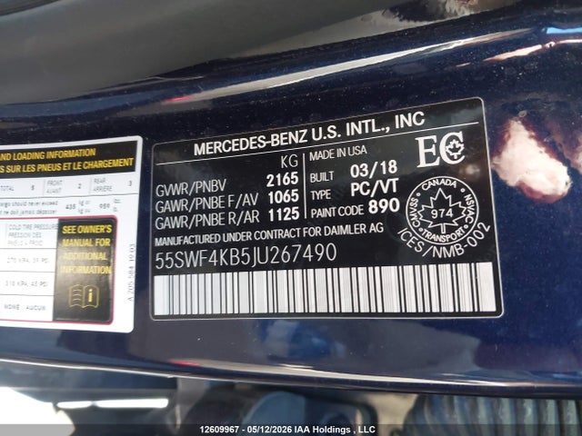 12609967 :رقم المزاد ، 55SWF4KB5JU267490 vin ، 2018 Mercedes-benz C 300 4matic مزاد بيع