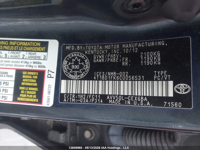 12609968 :رقم المزاد ، 4T1BD1FK6CU056531 vin ، 2012 Toyota Camry Hybrid Xle مزاد بيع