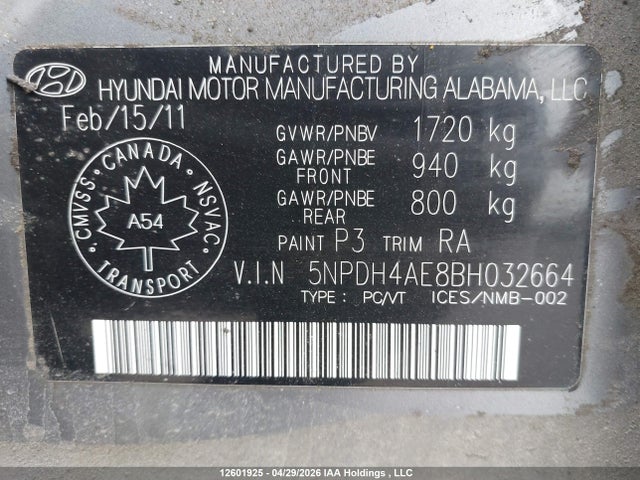2011 Hyundai Elantra Gl მანქანა იყიდება აუქციონზე, vin: 5NPDH4AE8BH032664, აუქციონის ნომერი: 12601925