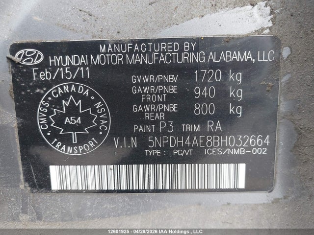2011 Hyundai Elantra Gl მანქანა იყიდება აუქციონზე, vin: 5NPDH4AE8BH032664, აუქციონის ნომერი: 12601925