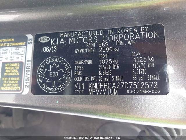12609983 :رقم المزاد ، KNDPBCA27D7512572 vin ، 2013 Kia Sportage مزاد بيع