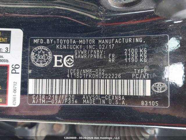 4T1BD1FK0HU222226 Toyota Camry