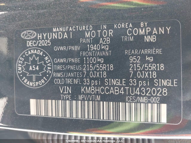 Aukcja sprzedaży 2026 Hyundai Kona Preferred-trend, vin: KM8HCCAB4TU432028, numer aukcji: 12609996