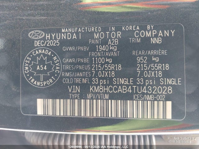 Aukcja sprzedaży 2026 Hyundai Kona Preferred-trend, vin: KM8HCCAB4TU432028, numer aukcji: 12609996