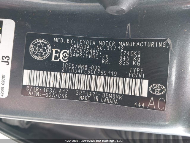 Продаж на аукціоні авто 2012 Toyota Corolla S, vin: 2T1BU4EE6CC769119, номер лоту: 12610002
