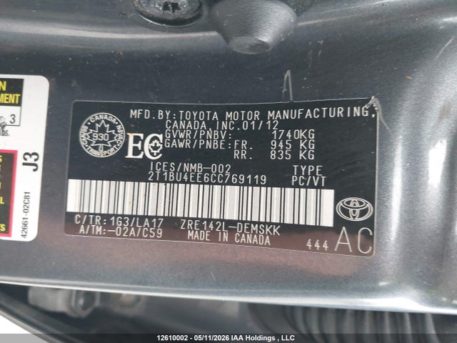 Продаж на аукціоні авто 2012 Toyota Corolla S, vin: 2T1BU4EE6CC769119, номер лоту: 12610002
