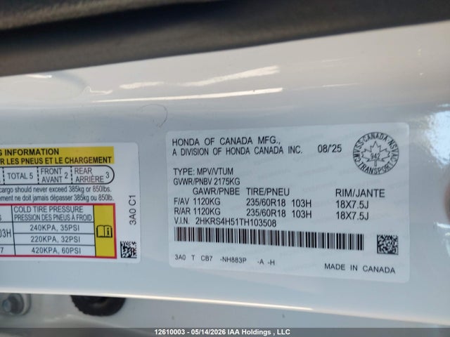 2026 Honda Cr-v Sport მანქანა იყიდება აუქციონზე, vin: 2HKRS4H51TH103508, აუქციონის ნომერი: 12610003