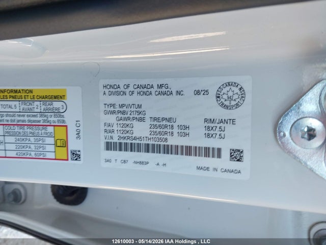 2026 Honda Cr-v Sport მანქანა იყიდება აუქციონზე, vin: 2HKRS4H51TH103508, აუქციონის ნომერი: 12610003