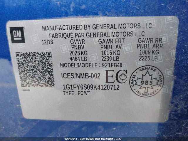 Продажа на аукционе авто 2019 Chevrolet Bolt Ev Lt, vin: 1G1FY6S09K4120712, номер лота: 12610011