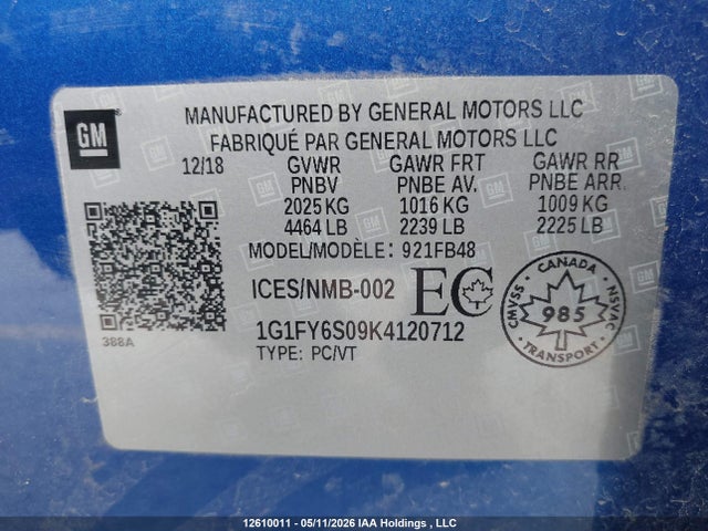 Продажа на аукционе авто 2019 Chevrolet Bolt Ev Lt, vin: 1G1FY6S09K4120712, номер лота: 12610011