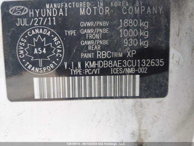 Продажа на аукционе авто 2012 Hyundai Elantra Touring Gl/gls/gls Sport/l, vin: KMHDB8AE3CU132635, номер лота: 12610014