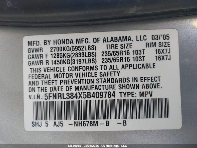 Продаж на аукціоні авто 2005 Honda Odyssey Ex, vin: 5FNRL384X5B409784, номер лоту: 12610015