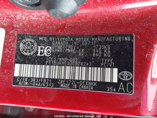 12610022 :رقم المزاد ، 2T1BURHE3JC978243 vin ، 2018 Toyota Corolla Le مزاد بيع