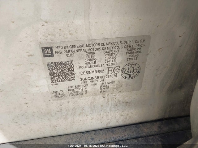 Aukcja sprzedaży 2019 Chevrolet Trax Ls, vin: 3GNCJNSB7KL284875, numer aukcji: 12610024