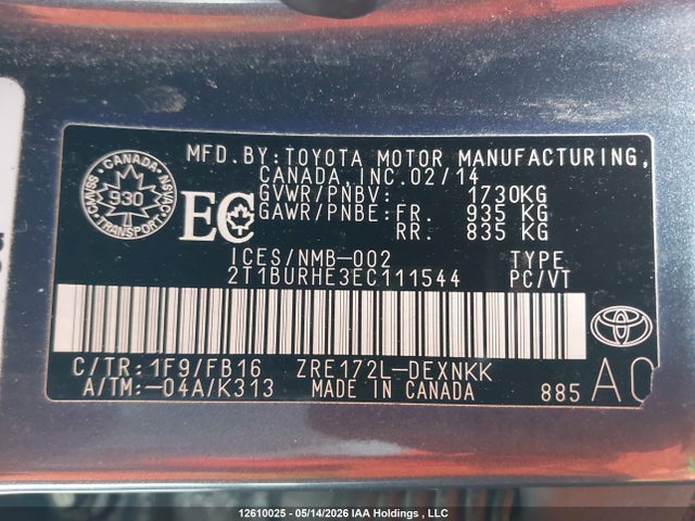 12610025 :رقم المزاد ، 2T1BURHE3EC111544 vin ، 2014 Toyota Corolla L/le/le Pls/prm/s/s Pls مزاد بيع