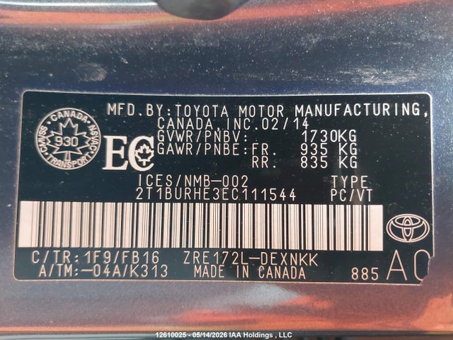 12610025 :رقم المزاد ، 2T1BURHE3EC111544 vin ، 2014 Toyota Corolla L/le/le Pls/prm/s/s Pls مزاد بيع
