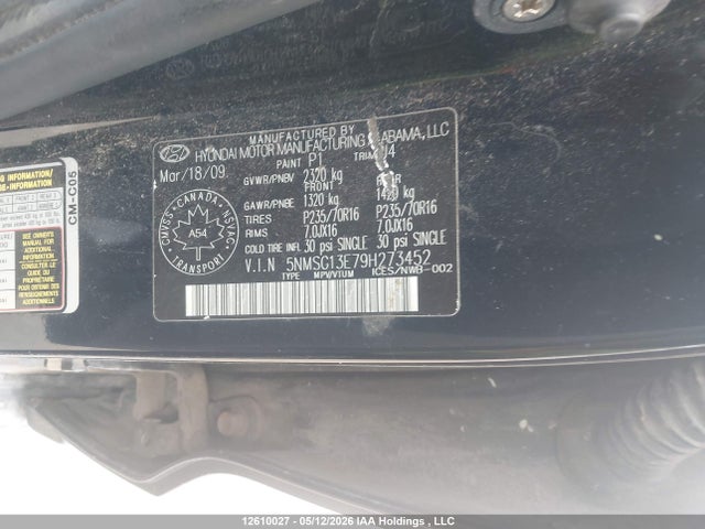 2009 Hyundai Santa Fe Gl/gls მანქანა იყიდება აუქციონზე, vin: 5NMSG13E79H273452, აუქციონის ნომერი: 12610027