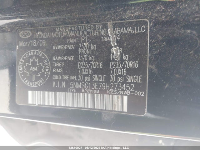 2009 Hyundai Santa Fe Gl/gls მანქანა იყიდება აუქციონზე, vin: 5NMSG13E79H273452, აუქციონის ნომერი: 12610027