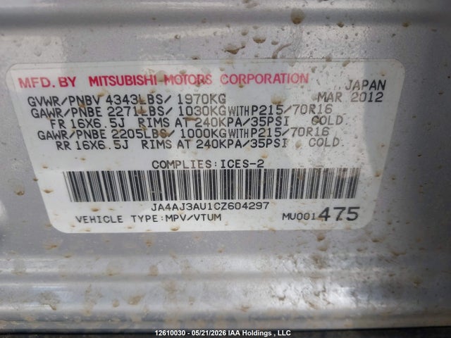 2012 Mitsubishi Rvr Se მანქანა იყიდება აუქციონზე, vin: JA4AJ3AU1CZ604297, აუქციონის ნომერი: 12610030