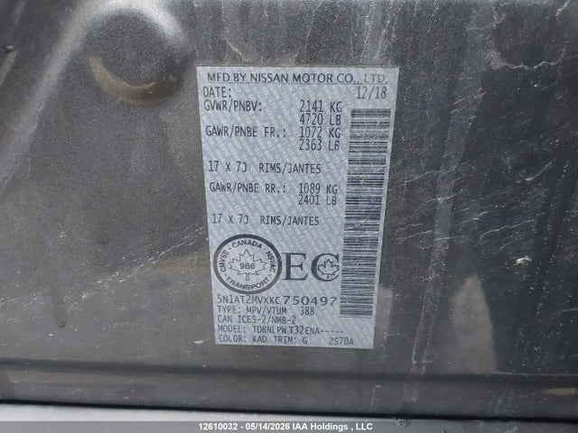 Aukcja sprzedaży 2019 Nissan Rogue S/sl/sv, vin: 5N1AT2MVXKC750497, numer aukcji: 12610032