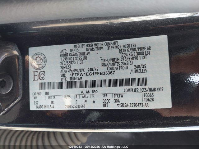 Продаж на аукціоні авто 2015 Ford F-150 Xlt, vin: 1FTFW1EG1FFB35367, номер лоту: 12610033