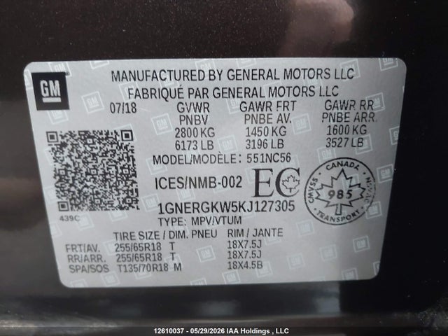 Продаж на аукціоні авто 2019 Chevrolet Traverse Lt, vin: 1GNERGKW5KJ127305, номер лоту: 12610037