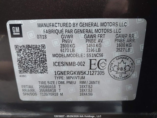Продаж на аукціоні авто 2019 Chevrolet Traverse Lt, vin: 1GNERGKW5KJ127305, номер лоту: 12610037