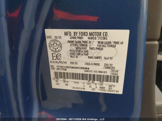 Продажа на аукционе авто 2010 Ford Escape Xlt Automatic, vin: 1FMCU9DG6AKC68484, номер лота: 12610044
