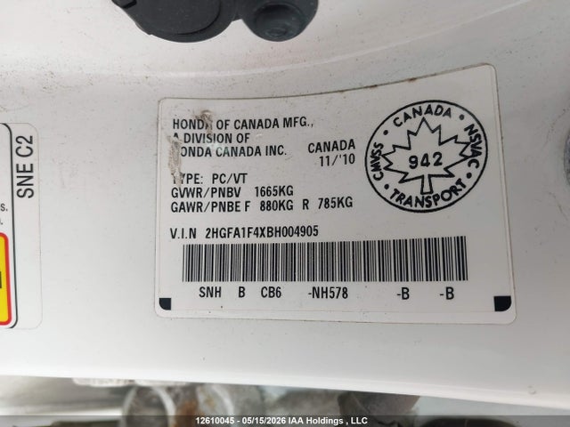 2011 Honda Civic Dx-g მანქანა იყიდება აუქციონზე, vin: 2HGFA1F4XBH004905, აუქციონის ნომერი: 12610045