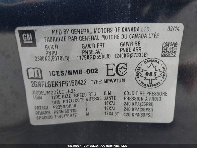Продаж на аукціоні авто 2015 Chevrolet Equinox Lt, vin: 2GNFLGEK1F6150422, номер лоту: 12610057