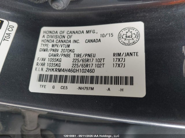 12610061 :رقم المزاد ، 2HKRM4H46GH102460 vin ، 2016 Honda Cr-v Se مزاد بيع
