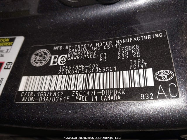12606528 :رقم المزاد ، 2T1KU4EE4CC859501 vin ، 2012 Toyota Matrix مزاد بيع