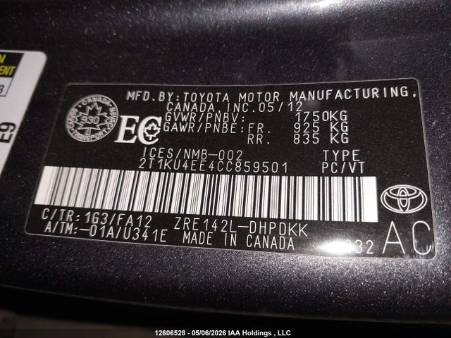 12606528 :رقم المزاد ، 2T1KU4EE4CC859501 vin ، 2012 Toyota Matrix مزاد بيع