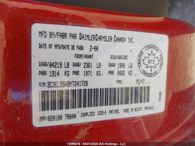 Продажа на аукционе авто 2000 Chrysler Sebring Jxi, vin: 3C3EL55H9YT241728, номер лота: 12596216