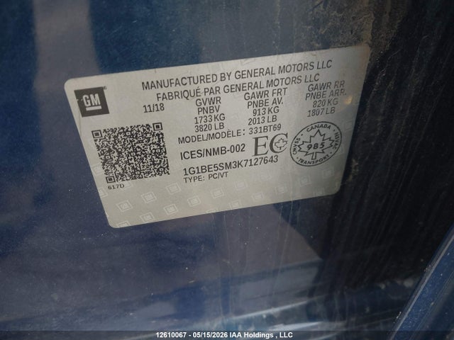 Продаж на аукціоні авто 2019 Chevrolet Cruze Lt, vin: 1G1BE5SM3K7127643, номер лоту: 12610067
