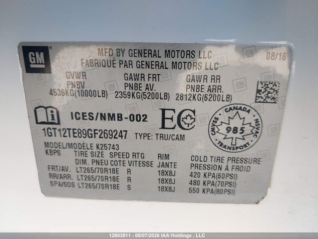 1GT12TE89GF269247 GMC Sierra 2500hd Slt